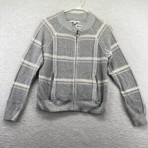 Linda Mathews Womens Front Zip  Cardigan Size Small Gray White Check Pockets